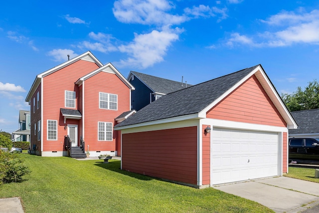 exterior space featuring a shingled roof, a garage, crawl space, entry steps, and a front yard