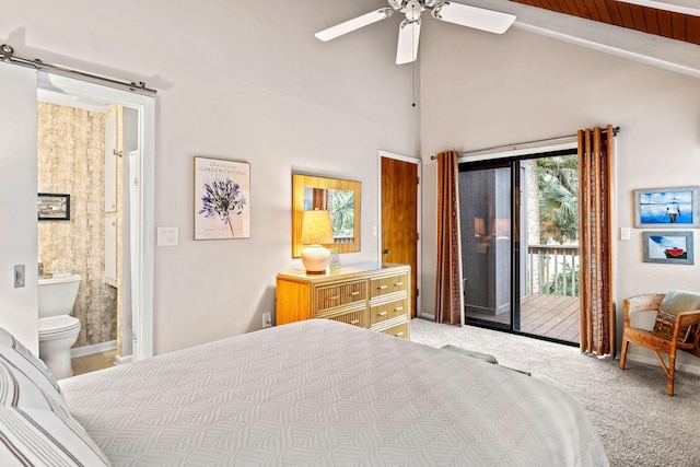 bedroom with carpet, access to outside, ceiling fan, and ensuite bath