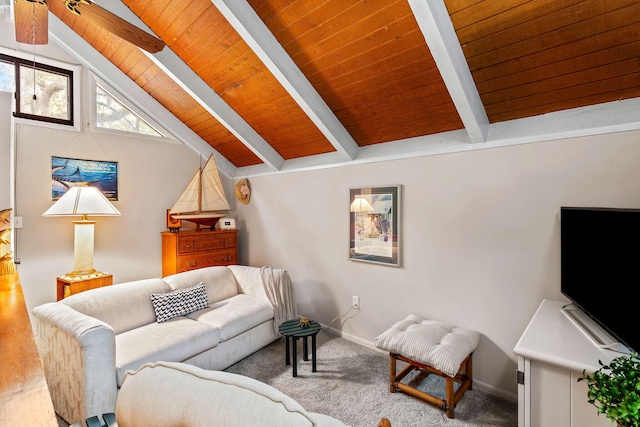 living room featuring carpet floors, vaulted ceiling with beams, and wooden ceiling