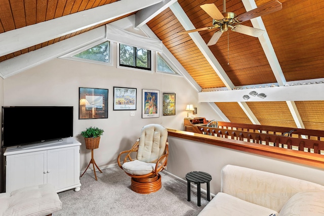 living room with lofted ceiling with beams and wood ceiling