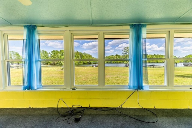 details with a textured ceiling, a water view, and carpet floors