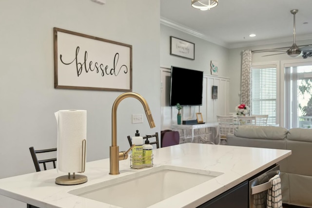 kitchen with ceiling fan, crown molding, and sink