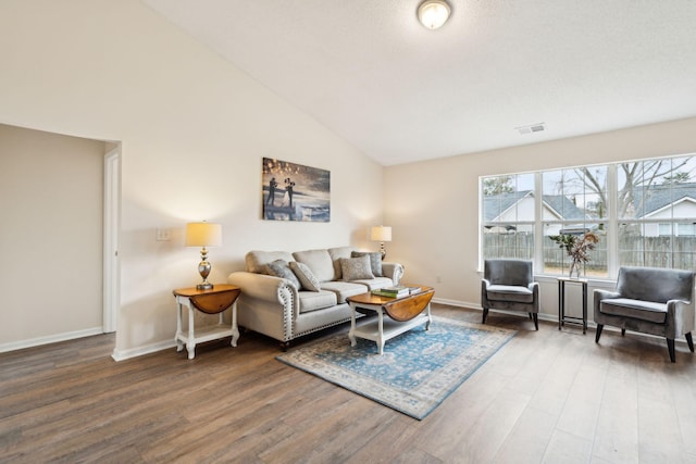 living room featuring dark hardwood / wood-style flooring and high vaulted ceiling