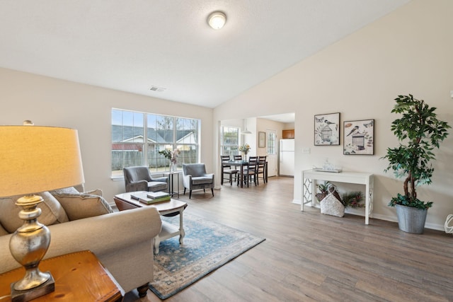 living room with dark hardwood / wood-style flooring and lofted ceiling