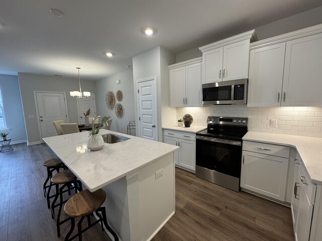 131 Brown Swiss Cir, Summerville, SC 29483 - kitchen featuring dark wood-type flooring, a sink, stainless steel appliances, a center island with sink, and backsplash