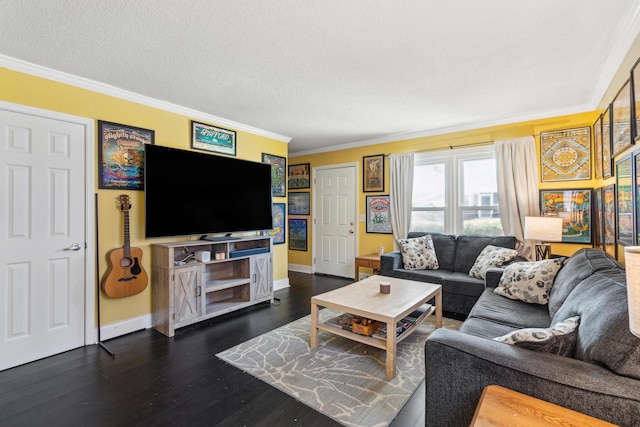 living room featuring dark wood-style floors, ornamental molding, and a textured ceiling