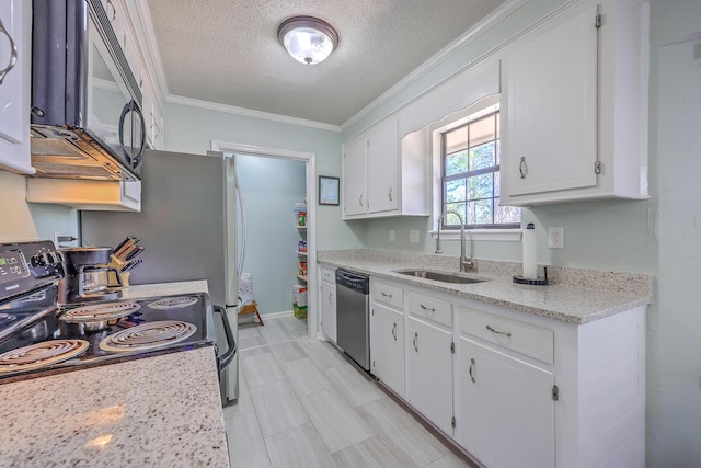 kitchen featuring crown molding, a sink, white cabinetry, dishwasher, and electric range