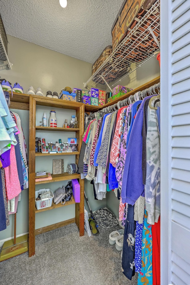 walk in closet with carpet flooring