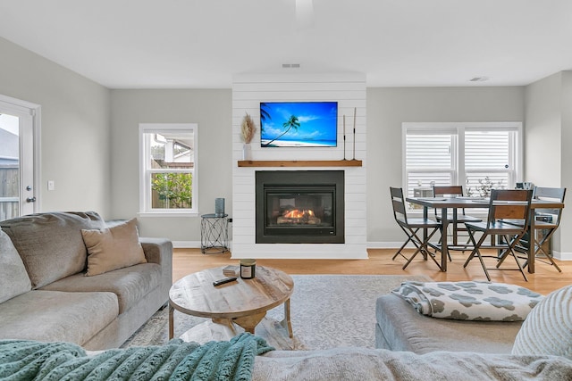 living room featuring a healthy amount of sunlight, a fireplace, and light hardwood / wood-style flooring