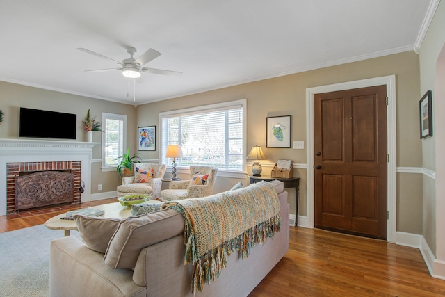 living area with ceiling fan, a fireplace, wood finished floors, baseboards, and crown molding