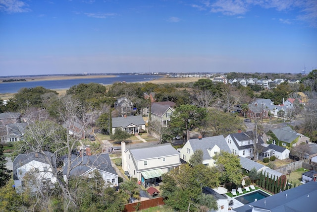 aerial view featuring a water view and a residential view