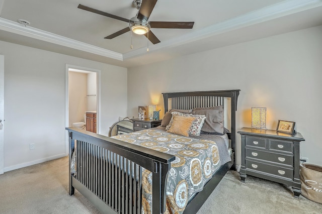343 Iveson Rd, Summerville, SC 29486 - carpeted bedroom featuring a tray ceiling, crown molding, baseboards, connected bathroom, and ceiling fan