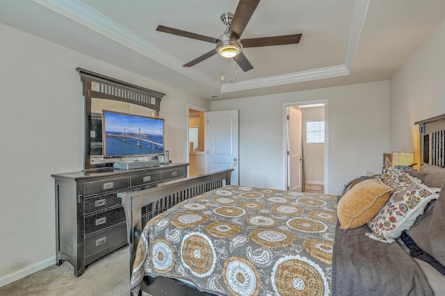 343 Iveson Rd, Summerville, SC 29486 - bedroom with a raised ceiling, baseboards, light colored carpet, ceiling fan, and ornamental molding