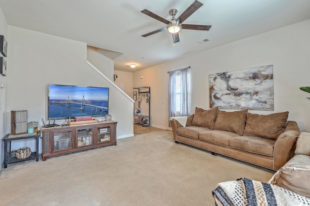 343 Iveson Rd, Summerville, SC 29486 - carpeted living area featuring baseboards, visible vents, stairs, and ceiling fan