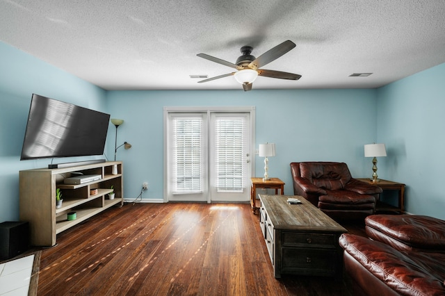 1101 Reserve Way, Summerville, SC 29485 - living room with a textured ceiling, ceiling fan, and dark hardwood / wood-style flooring