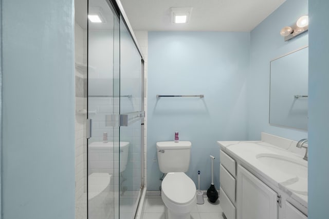 1101 Reserve Way, Summerville, SC 29485 - bathroom with toilet, a shower with door, tile patterned flooring, a textured ceiling, and vanity