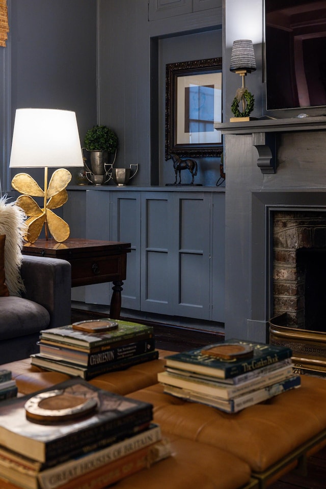 living room with a fireplace