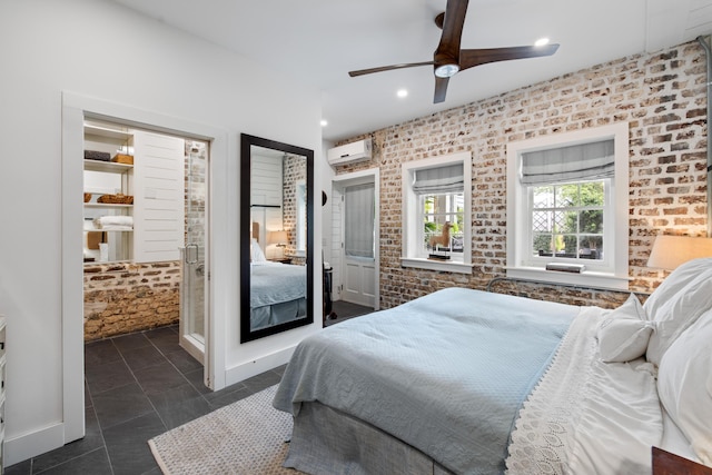 bedroom featuring a wall unit AC, ceiling fan, and brick wall