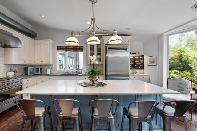 kitchen with decorative light fixtures, high quality appliances, decorative backsplash, and a healthy amount of sunlight