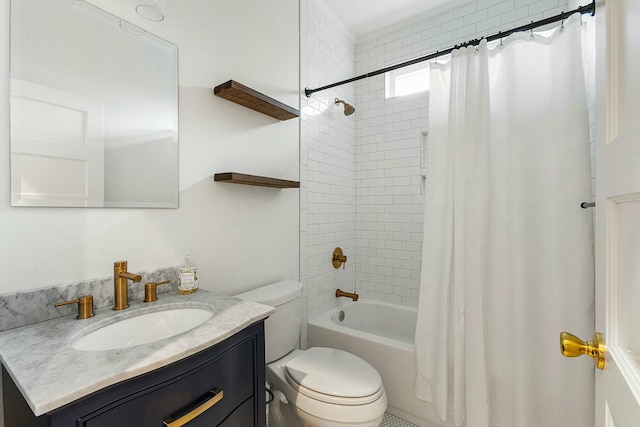 bathroom with vanity, toilet, and shower / tub combo with curtain