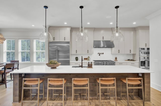 kitchen with light countertops, a spacious island, a sink, under cabinet range hood, and stainless steel appliances