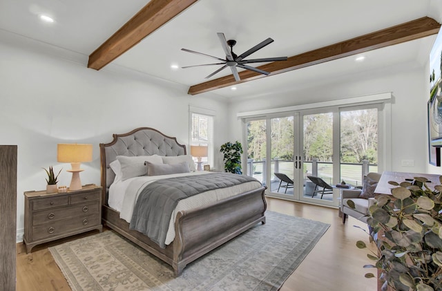 bedroom featuring recessed lighting, beam ceiling, access to exterior, light wood-style floors, and french doors