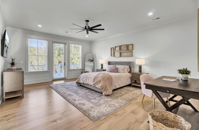 bedroom featuring crown molding, recessed lighting, access to exterior, visible vents, and wood finished floors