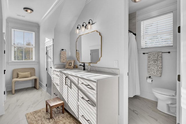 full bath with vanity, toilet, baseboards, marble finish floor, and visible vents