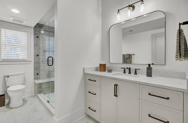 bathroom with visible vents, a shower stall, baseboards, marble finish floor, and toilet