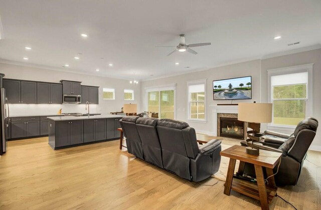 living room with a premium fireplace, a wealth of natural light, sink, and light hardwood / wood-style floors