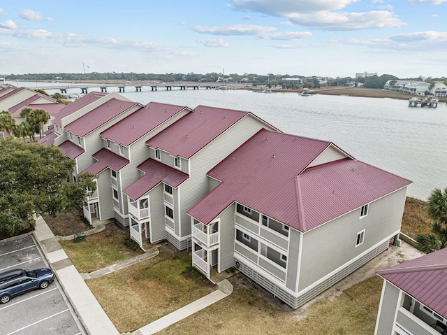 aerial view featuring a water view