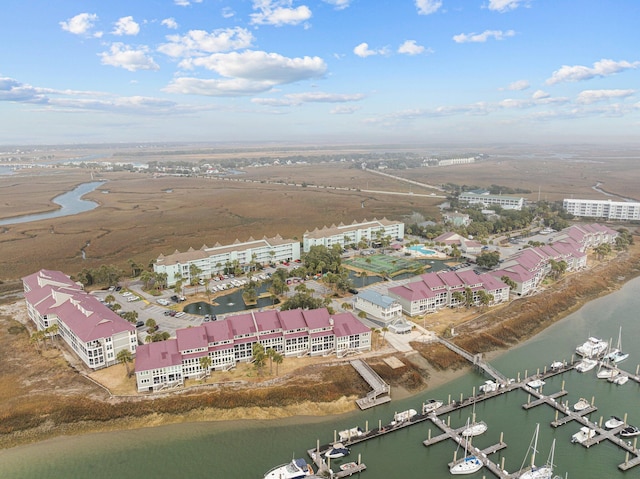 drone / aerial view with a water view