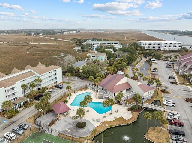 drone / aerial view featuring a water view