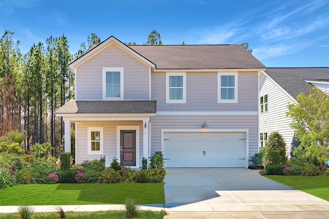 view of front of home with a garage, concrete driveway, a front yard, and a shingled roof