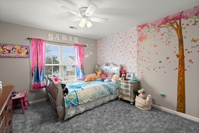 carpeted bedroom with ceiling fan, visible vents, and baseboards