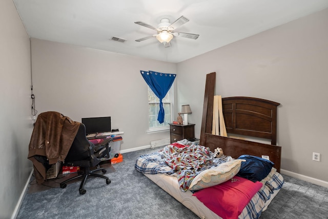 carpeted bedroom with baseboards, visible vents, and ceiling fan