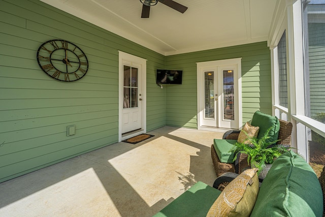 view of patio / terrace with french doors, outdoor lounge area, and ceiling fan