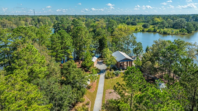 aerial view featuring a water view and a forest view