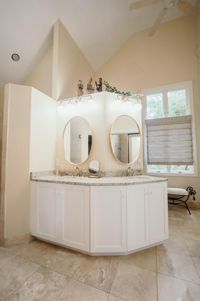 2860 Old Drake Dr, Johns Island, SC 29455 - bathroom featuring ceiling fan, vanity, and high vaulted ceiling