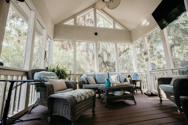2860 Old Drake Dr, Johns Island, SC 29455 - sunroom featuring vaulted ceiling and ceiling fan