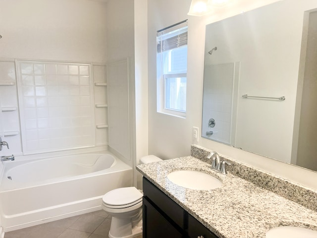 full bathroom featuring vanity, toilet, washtub / shower combination, and tile patterned flooring