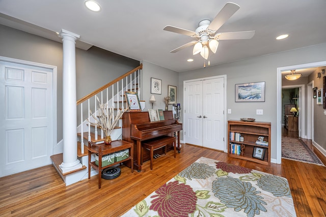 802 Robert E Lee Blvd, Charleston, SC 29412 - foyer with ornate columns, ceiling fan, hardwood / wood-style flooring, recessed lighting, and stairs
