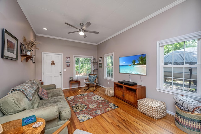 802 Robert E Lee Blvd, Charleston, SC 29412 - living room featuring wood finished floors, crown molding, ceiling fan, and recessed lighting