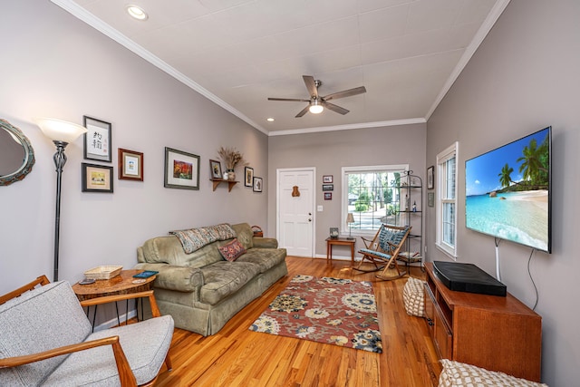 802 Robert E Lee Blvd, Charleston, SC 29412 - living area with wood finished floors, recessed lighting, ceiling fan, and crown molding
