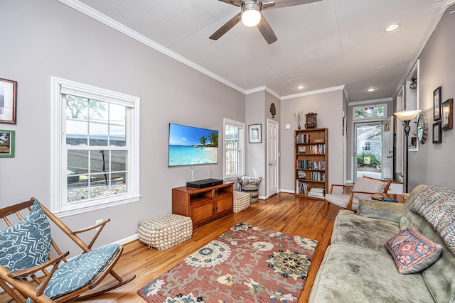 802 Robert E Lee Blvd, Charleston, SC 29412 - living area with ornamental molding, wood finished floors, a ceiling fan, and recessed lighting