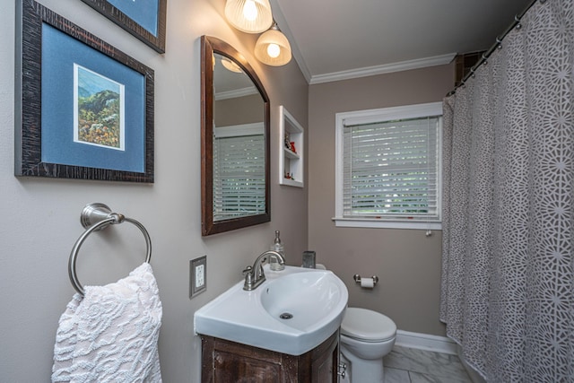 802 Robert E Lee Blvd, Charleston, SC 29412 - bathroom with crown molding, marble finish flooring, vanity, and a shower with curtain