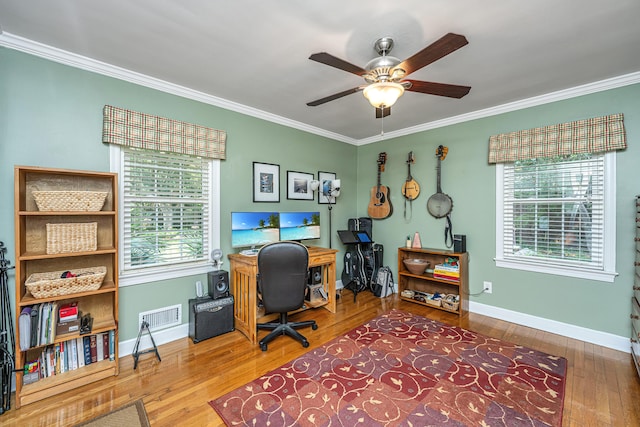 802 Robert E Lee Blvd, Charleston, SC 29412 - home office with ornamental molding, ceiling fan, hardwood / wood-style flooring, and healthy amount of natural light