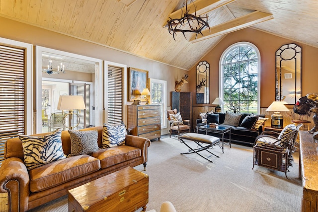 carpeted living room with wood ceiling, an inviting chandelier, visible vents, and high vaulted ceiling