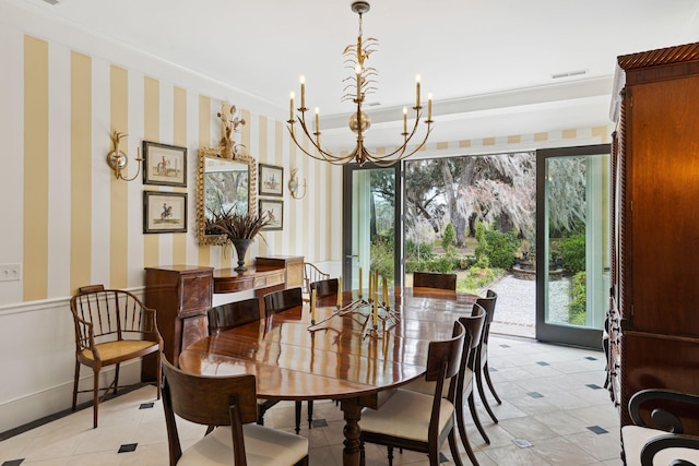 dining room with wainscoting, wallpapered walls, a wealth of natural light, and a notable chandelier