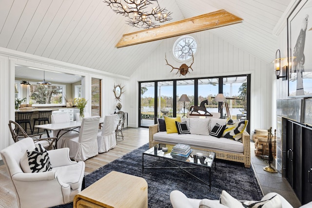 living room featuring wood ceiling, high vaulted ceiling, a notable chandelier, and light wood-style flooring